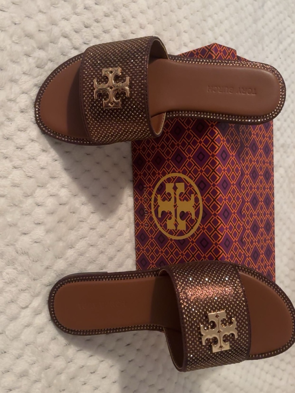 Tory Burch Brown Metallic Logo Slide Sandals